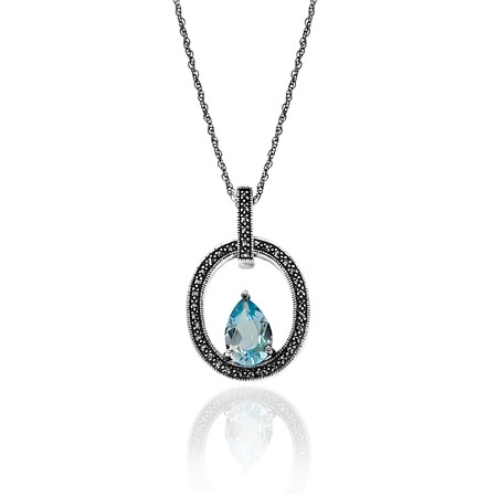 Blue Topaz Teardrop in Marcasite Circle Necklace - Click Image to Close